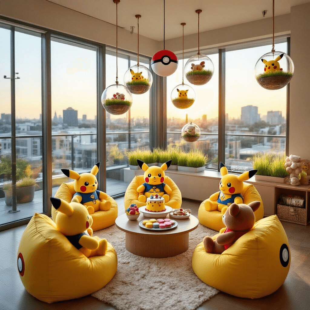 An overhead view of a Pokémon-themed Build-A-Bear gathering in a modern apartment, featuring Poké Ball beanbag chairs, custom gaming stations for dressing bears, a dessert table with a Pikachu-shaped cake and colorful macarons, and hanging terrariums filled with plush grass-type Pokémon, all bathed in golden hour light.