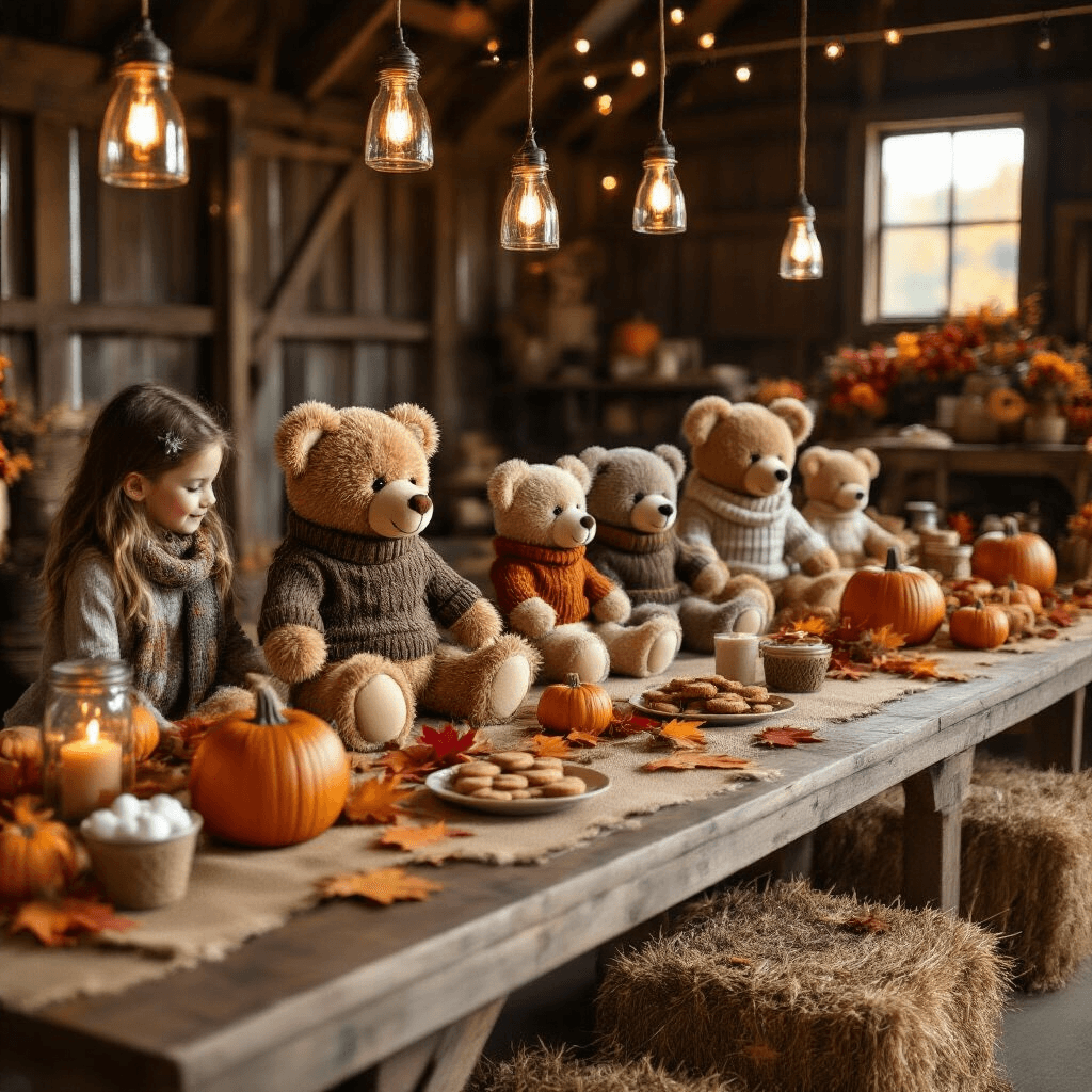 A cozy autumn-themed Build-A-Bear celebration in a rustic barn, featuring children creating stuffed bears in seasonal sweaters, warm lighting from mason jar lanterns, burlap table runners with pumpkin centerpieces, a hot chocolate bar, hay bales, and vibrant autumn leaves, all showcasing fall textures and colors.