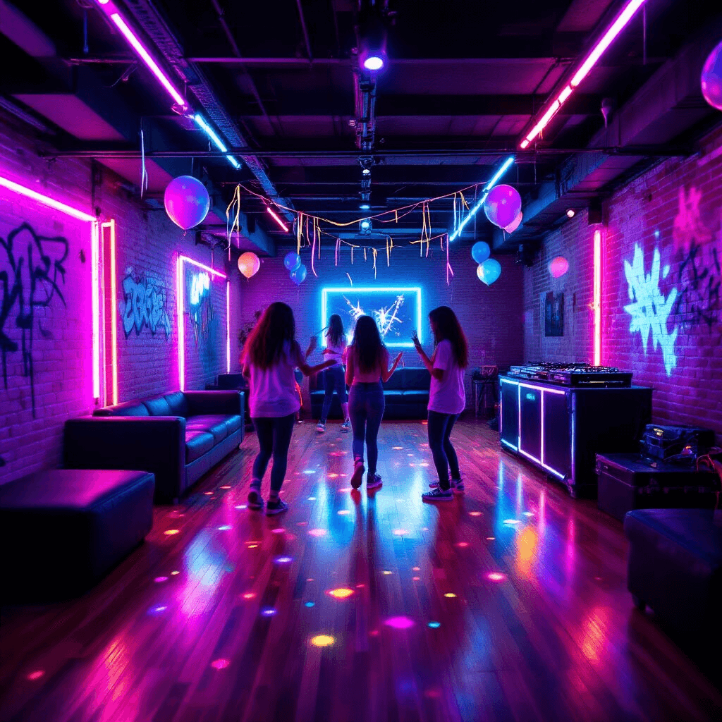 A vibrant basement party scene with teens dancing amidst neon purple, electric blue, and hot pink LED lights, reflecting on a hardwood floor. Glow sticks are scattered across modern black furniture, and UV-reactive paint glows on exposed brick walls. A DJ booth with pulsing neon lights and metallic streamers adds to the electric atmosphere.