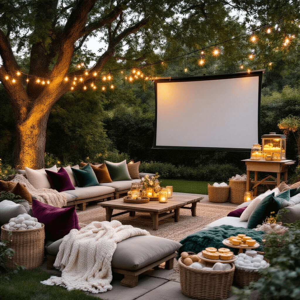 An elegant backyard movie night setup during golden hour, featuring a large outdoor projector screen surrounded by cozy seating with plush velvet cushions and chunky knit blankets. Mason jar string lights hang between trees, and a rustic wooden popcorn cart with vintage jars complements a dessert table adorned with movie-themed treats.