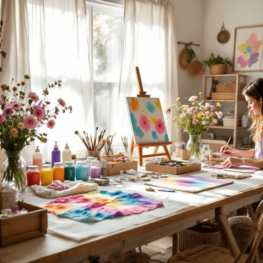 A bright and inviting creative studio setup in a cozy apartment, featuring a large dining table covered with various craft supplies like tie-dye kits, painting easels, and jewelry-making materials. Soft morning light filters through sheer curtains, illuminating mason jars of wildflowers and the focused work of teens engaged in artistic projects.