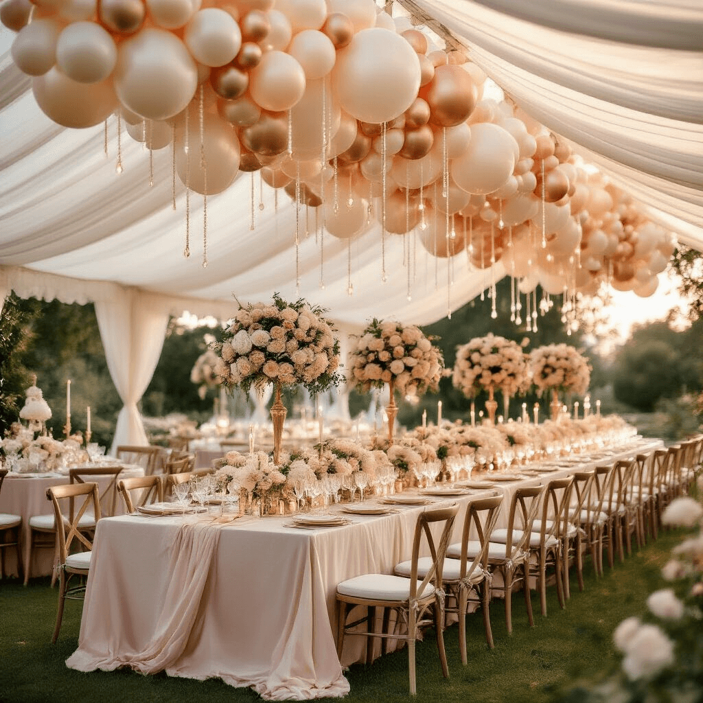 A lavish garden wedding reception at golden hour with an elegant white marquee, blush silk-draped tables adorned with cream and pale pink floral centerpieces, cascading pearl balloon installations overhead, and twinkling fairy lights creating a dreamy atmosphere.