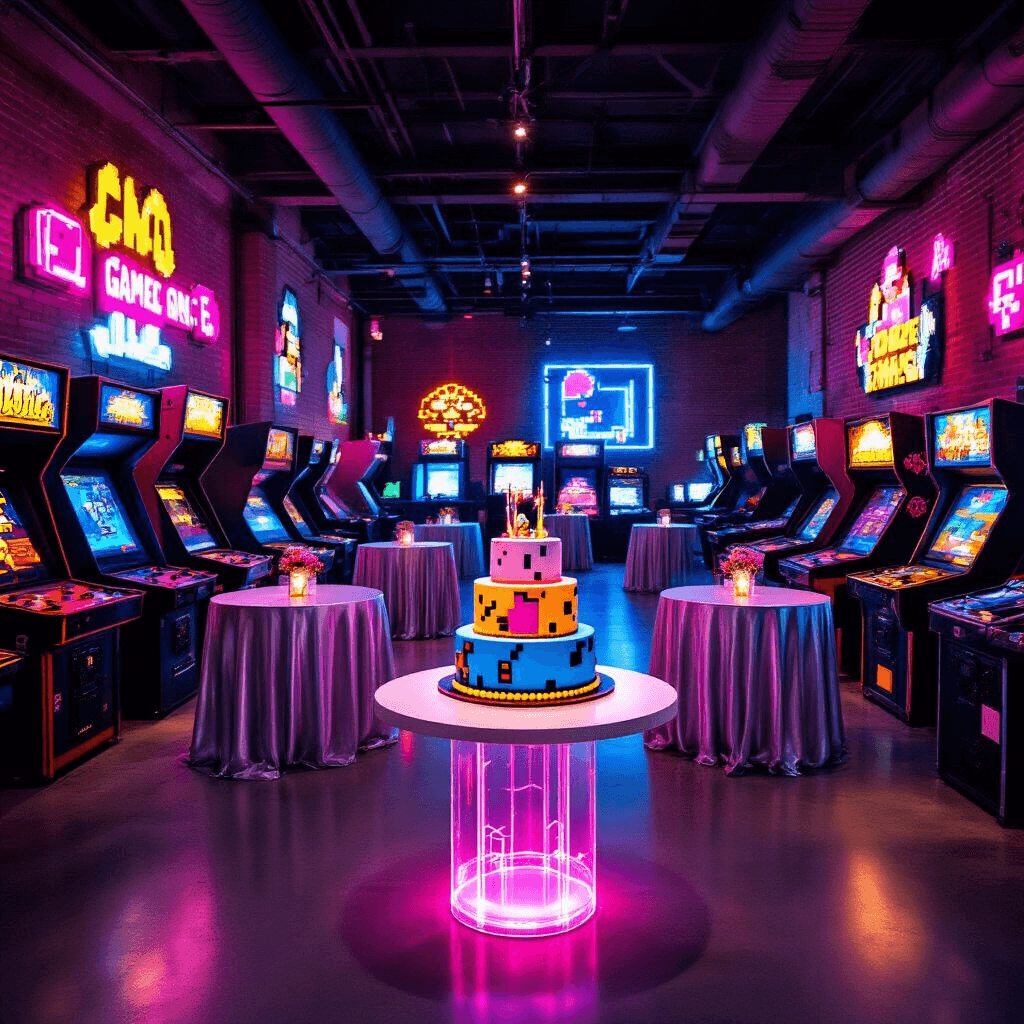 Sophisticated arcade birthday party in an industrial venue with exposed brick and concrete flooring, featuring neon colors, vintage gaming décor, and a retro game console cake under moody lighting.