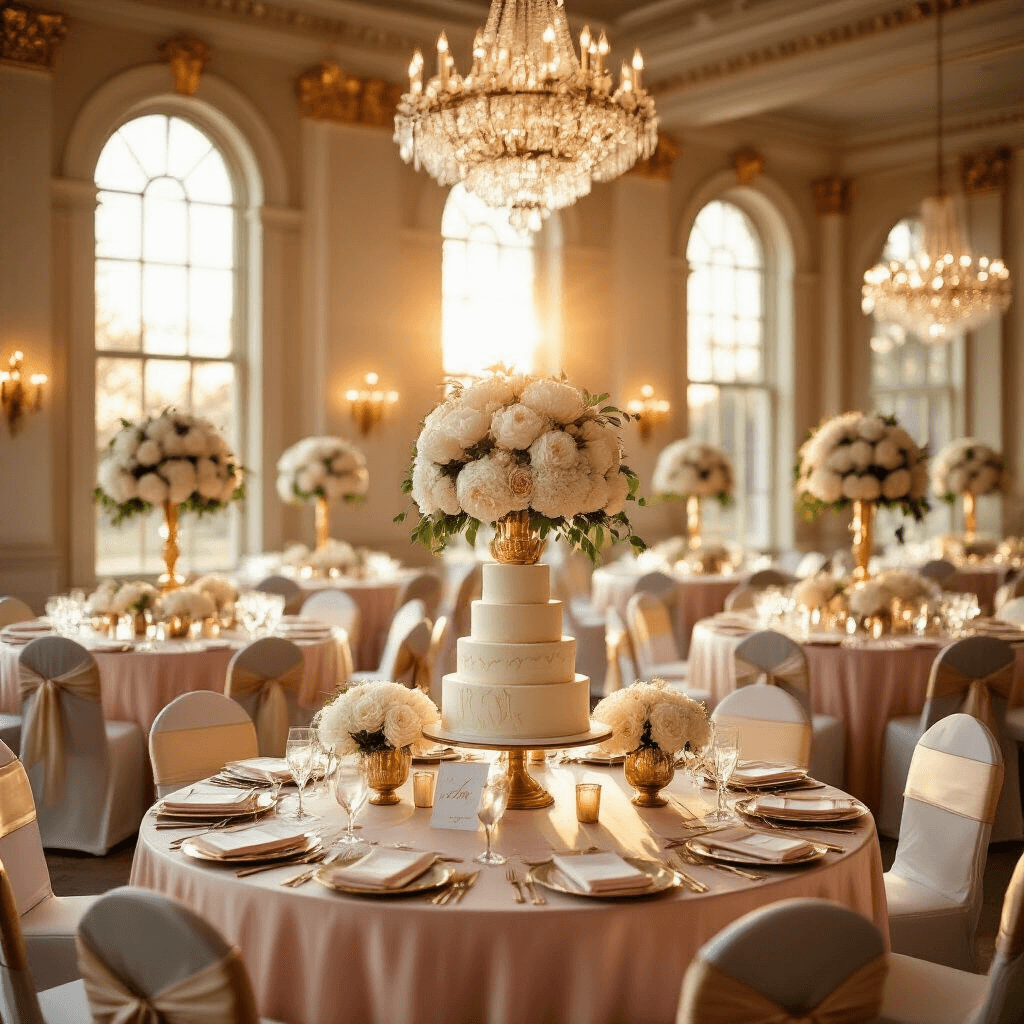 A wide-angle view of an elegant indoor ballroom set for a birthday celebration, featuring blush pink silk table linens, towering floral centerpieces, crystal chandeliers, and a stunning three-tiered vanilla cake, all illuminated by warm amber sunlight streaming through arched windows.