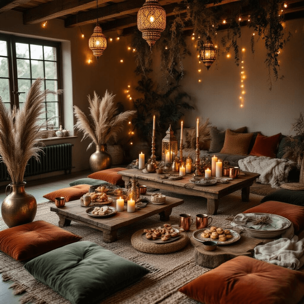Overhead view of a cozy evening birthday party setup with low wooden tables, plush velvet cushions, Moroccan lanterns, candles, artisanal treats on rustic boards, and decorative dried flowers in vintage vessels, enhanced by string lights across ceiling beams.