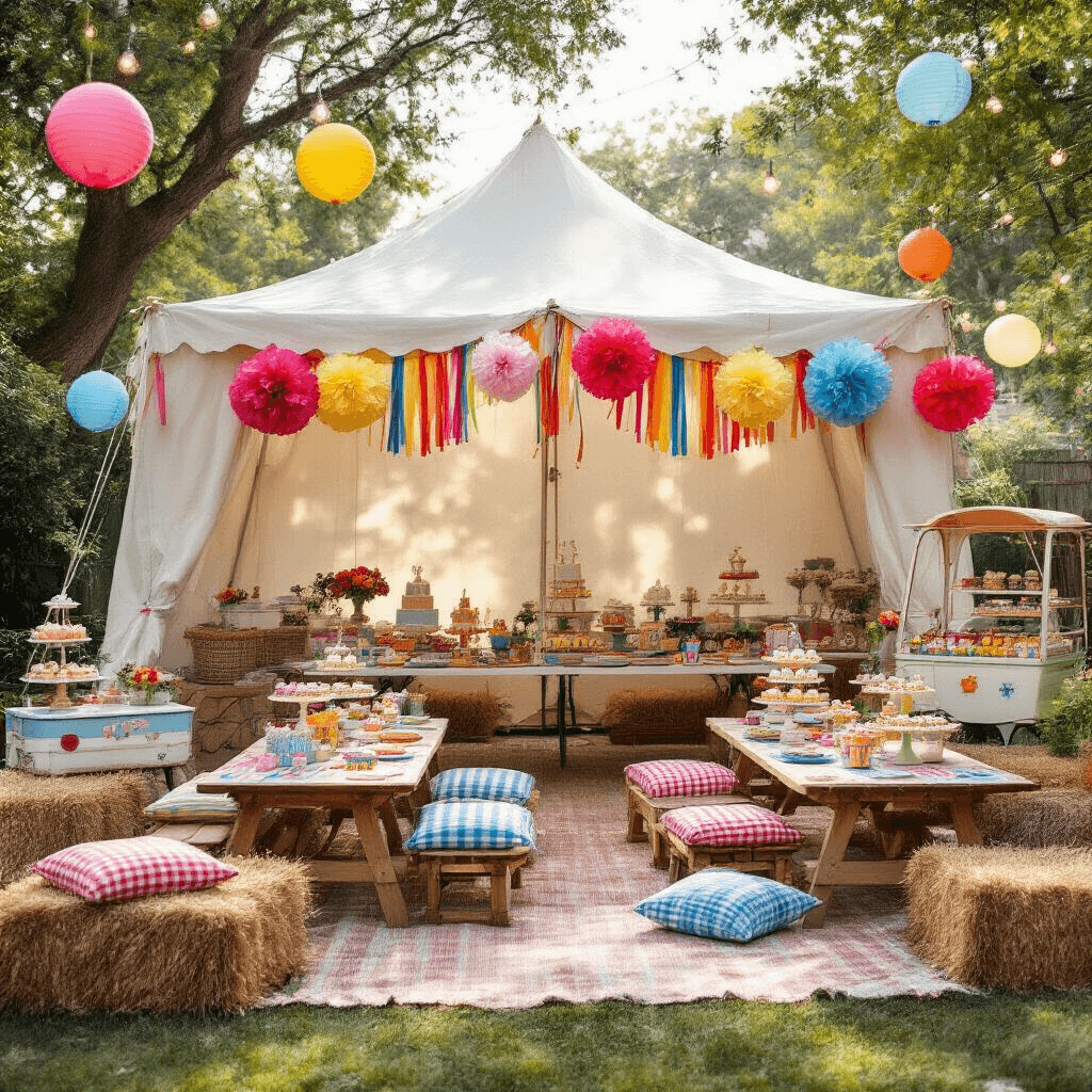 A whimsical children's birthday party scene in a stylish backyard, featuring a large white canvas tent decorated with rainbow streamers and oversized tissue paper flowers. Picnic-style setup with low wooden tables and bright linens is surrounded by hay bales topped with gingham cushions. Vintage carnival games and activity stations are scattered throughout, with helium balloons in bold colors floating above. A dessert cart resembling an old-fashioned ice cream truck displays cupcakes on tiered stands, while sunlight filters through string lights and paper lanterns hanging from oak trees.