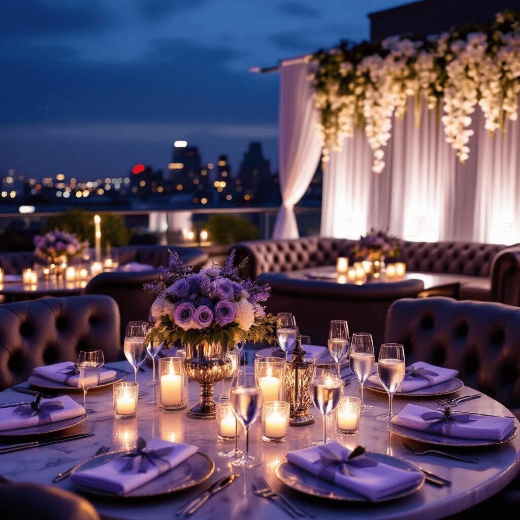 Elegant adult milestone birthday celebration on a rooftop terrace at night, featuring tufted leather seating, marble-topped cocktail tables with lavender and silver accents, floating candle votives, silver candlesticks, silk ribbon napkin rings, silver-rimmed glassware, illuminated sheer drapery, cascading white orchids, personalized champagne flutes, and stylish gift bags.