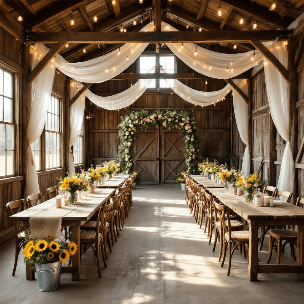 A rustic barn venue beautifully decorated for a birthday celebration, featuring exposed wooden beams, fairy lights, and flowing chiffon. Long farmhouse tables adorned with burlap runners and mason jar centerpieces filled with wildflowers in cream and blush, vintage chairs, and galvanized buckets of sunflowers. An arch with greenery and white roses frames a vintage photo booth area.
