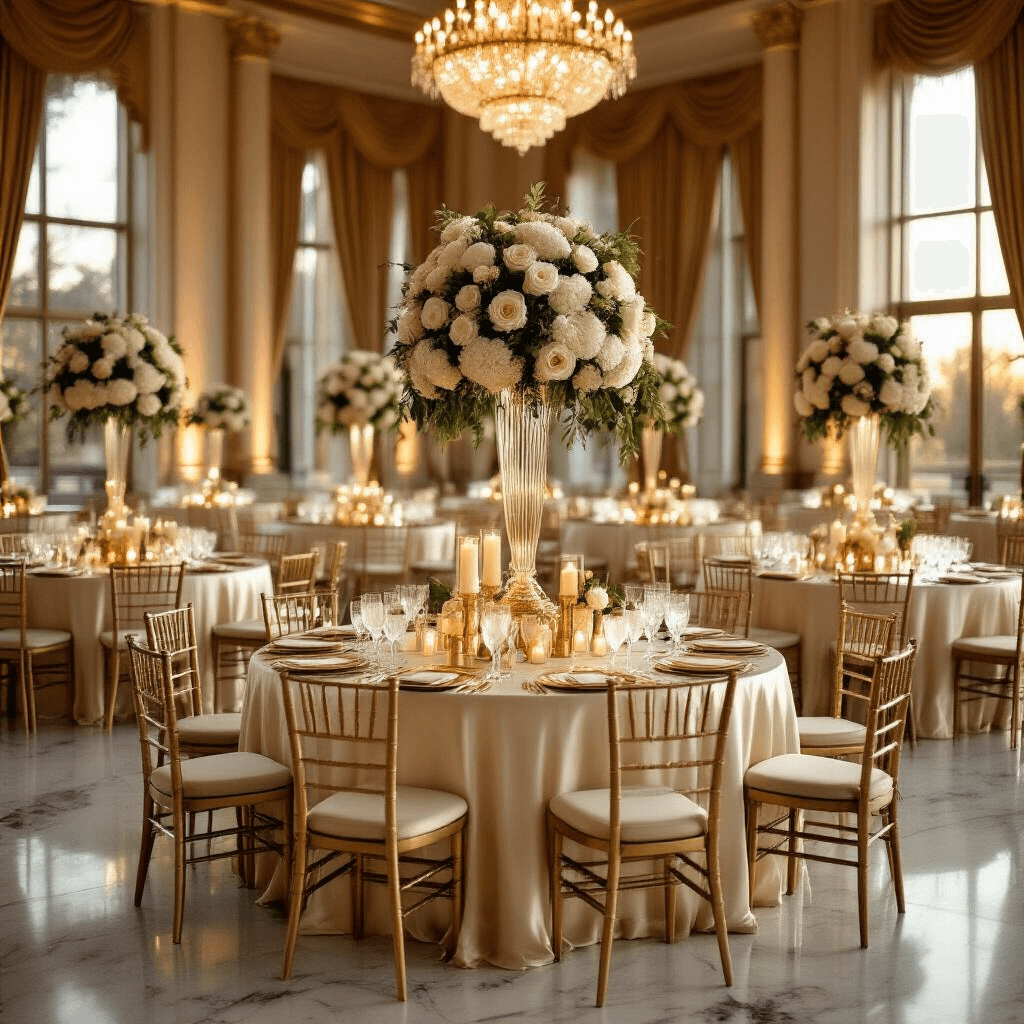 Elegant indoor ballroom set for a 50th birthday celebration, featuring round tables with silk ivory linens, gold and cream floral centerpieces, crystal chandeliers, flickering candlelight, personalized signage, and sophisticated place settings, all illuminated by golden hour light.