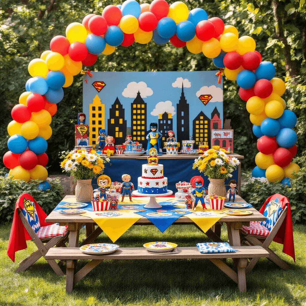 Overhead flat lay of a vibrant superhero-themed birthday party setup for a 5-year-old, featuring picnic tables with comic book centerpieces, colorful balloons, cardboard city skyline backdrops, a three-tiered superhero emblem cake, and cheerful decorations like daisies in mason jars and personalized masks.