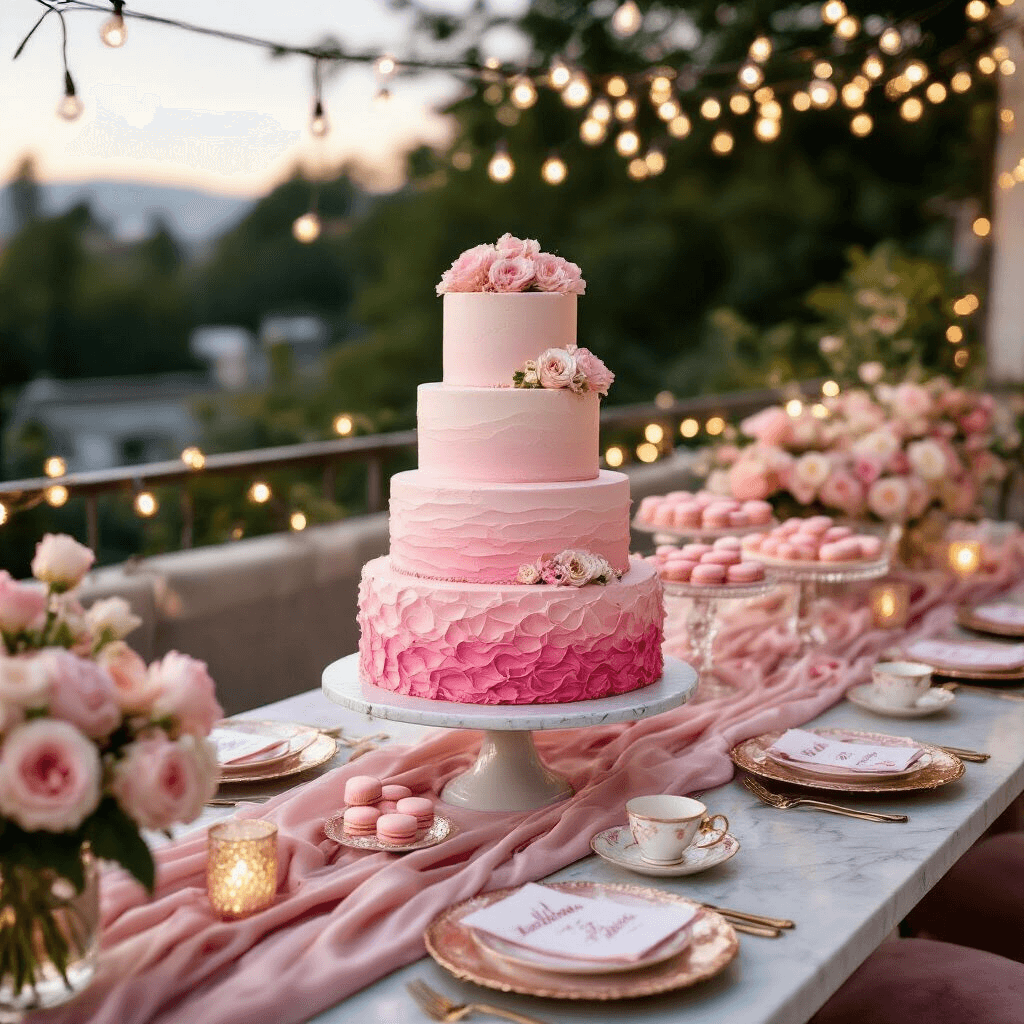 Close-up of a luxurious rooftop terrace adorned for a sweet sixteen celebration, featuring a pink ombre cake on a marble pedestal, macarons, crystal cake stands, and string lights, with elegant table settings and romantic decor elements.