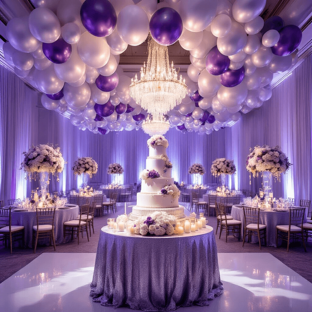 An opulent indoor ballroom decorated for a milestone birthday celebration, featuring soaring ceilings with organic balloon installations in silver, lavender, and white, shimmering silver sequin table linens, tall floral arrangements of purple orchids and white roses, a grand dessert table with a tiered cake adorned with edible pearls, and soft purple uplighting alongside a crystal chandelier creating prismatic reflections.
