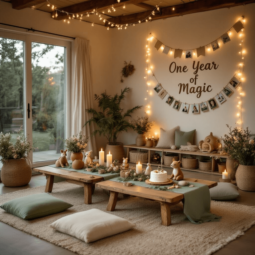 Cozy living room prepared for a first birthday celebration, featuring woodland-themed decorations, fairy lights, a smash cake, and intimate seating areas with floor cushions, all illuminated by candlelight.
