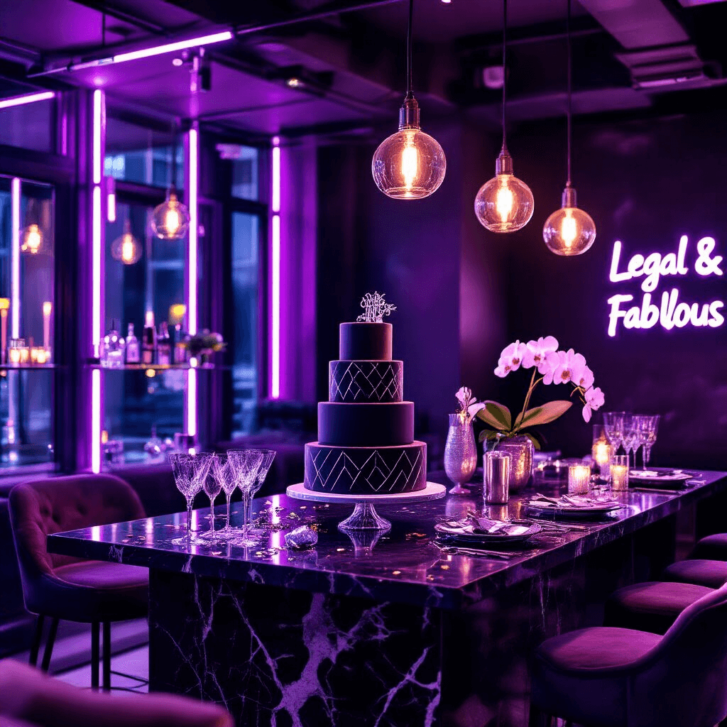 Moody, modern apartment styled for a 21st birthday featuring a geometric cake, sleek marble countertops, industrial lighting, and a luxurious color palette of deep purples, silver, and black.