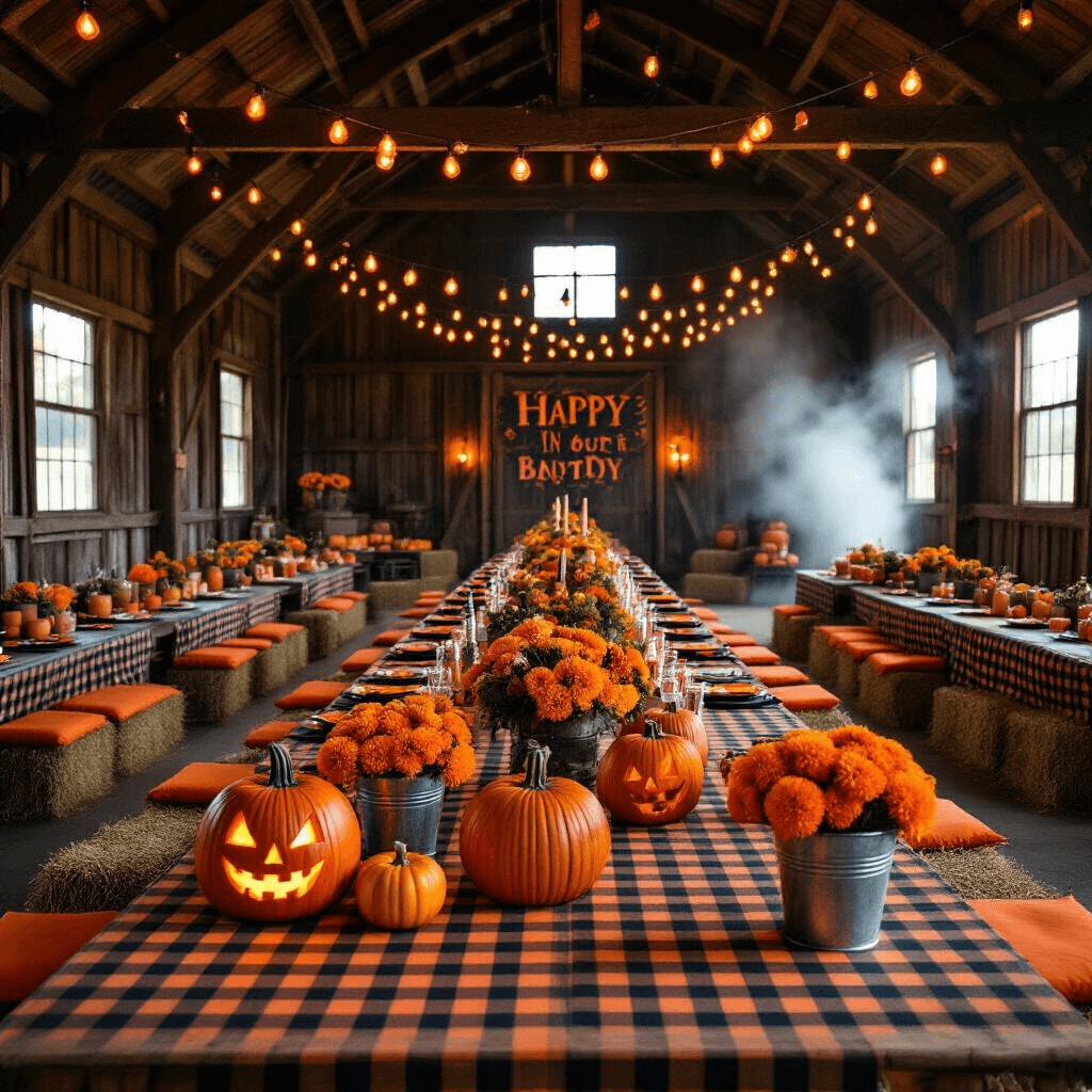 Spooky Sweet: Crafting the Ultimate Halloween Birthday Party Wide-angle shot of a rustic barn Halloween-themed birthday party featuring orange and black decor, checkered tablecloths, hay bale seating, carved jack-o'-lanterns, and warm string lights, creating a festive and cozy atmosphere.