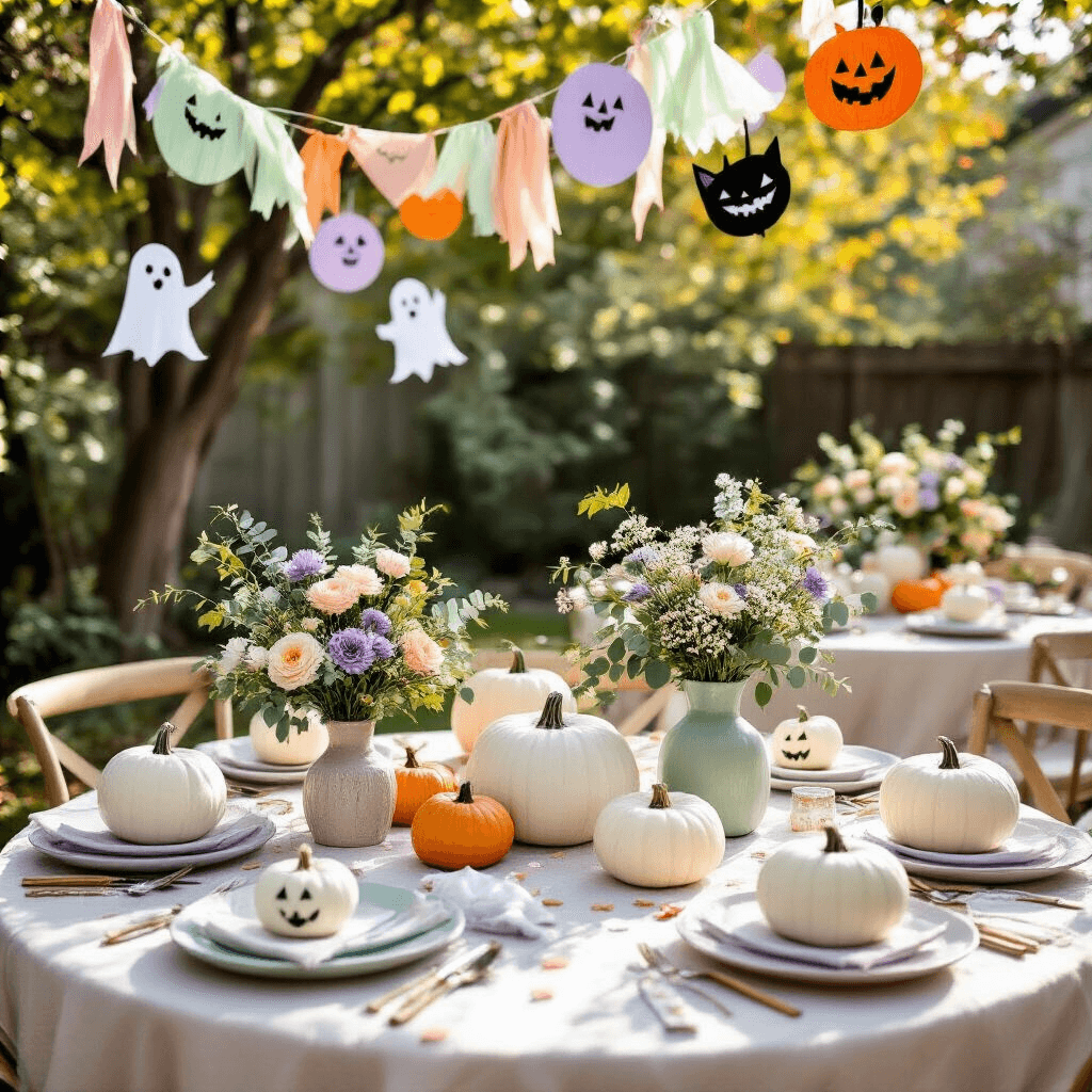 Spooky Sweet: Crafting the Ultimate Halloween Birthday Party A whimsical backyard Halloween birthday setup featuring pastel-themed tables, painted white pumpkins, fresh eucalyptus, colorful streamers, friendly ghost decorations, a gift table with sheer fabric, personalized name tags, and an elegant tiered birthday cake adorned with edible flowers and Halloween toppers, all bathed in natural sunlight.