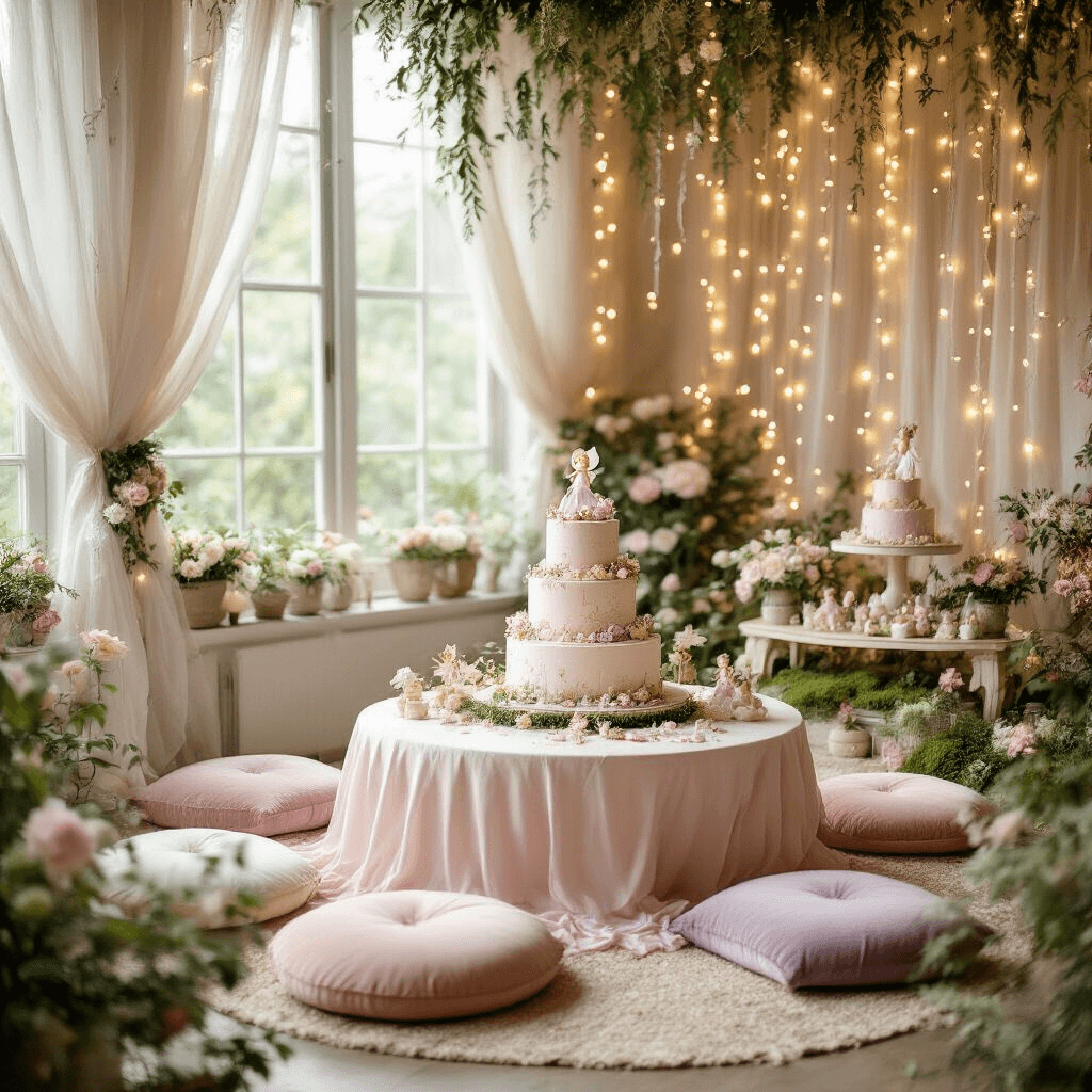 A whimsical indoor garden fairy wonderland birthday party featuring soft golden fairy lights, pastel silk linens on a low table, velvet floor cushions, a tiered fairy-themed cake display, and cascading white and pink florals, all captured in dreamy natural lighting.