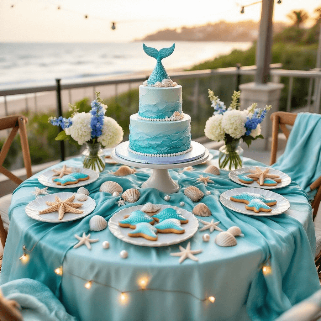Overhead flat lay of a mermaid-themed first birthday celebration on a beachfront terrace, featuring a low round table with teal and seafoam silk linens, seashell decorations, an ocean-themed cake, fish-shaped cookies, and floral arrangements, all illuminated by shell-shaped string lights during golden hour.
