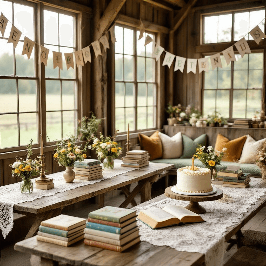 A whimsical first birthday party in a rustic barn, featuring wooden tables with vintage lace runners, colorful children's books as centerpieces, jewel-toned cushions in a reading nook, and an open book-shaped birthday cake, all illuminated by soft morning light.