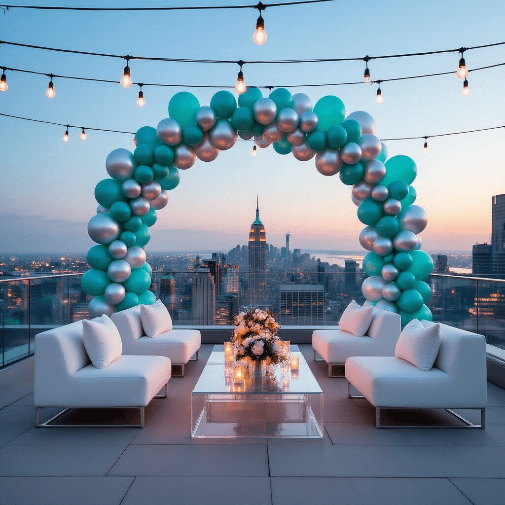 A chic rooftop cocktail party at twilight featuring sleek white lounge furniture, an organic balloon arch in turquoise, teal, and silver pearl framing a neon sign, and lucite cocktail tables with tropical flower centerpieces. String lights and helium-filled pearl balloons adorn the space, with a twinkling city skyline in the background.