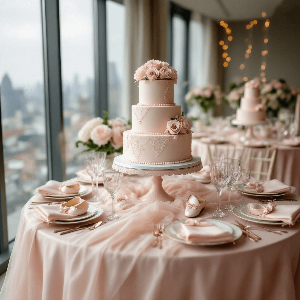Close-up of an elegant ballerina-themed first birthday party table, featuring blush pink silk linens, a tiered cake with ballet slipper decorations, fresh flowers in crystal vases, and luxurious rose gold tableware, bathed in natural light from floor-to-ceiling windows.