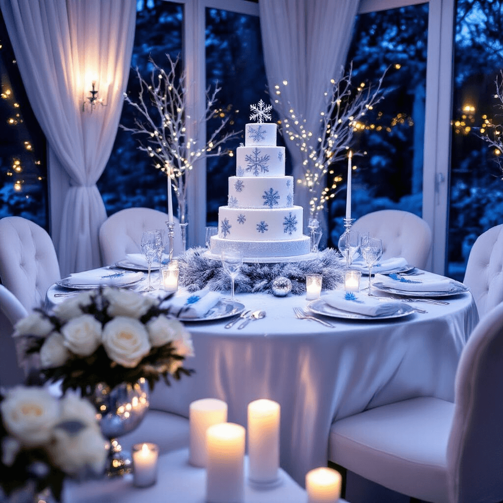 A cozy winter wonderland first birthday party setup features a round table with white silk linens and silver accents, surrounded by white velvet chairs. The centerpiece includes artificial snow, silver branches, and blue LED fairy lights. A tiered birthday cake decorated with snowflakes in blue and white fondant is displayed alongside fresh white roses and silver-dusted eucalyptus in mercury glass vases. White pillar candles illuminate the scene, complemented by sheer drapery and snowflake-shaped cookies, creating an enchanting and elegant atmosphere.