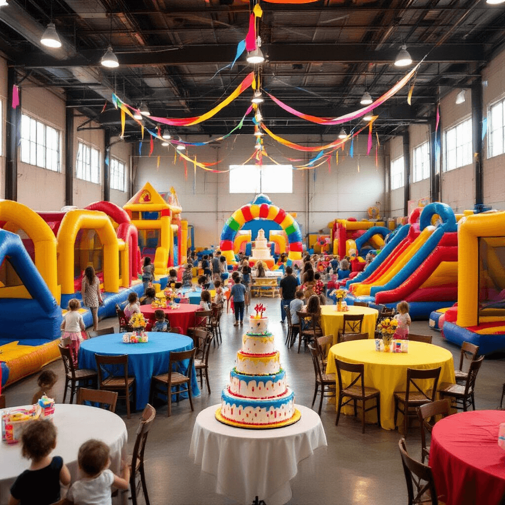 A lively indoor children's birthday party featuring inflatable bounce houses and colorful play structures in a spacious venue, decorated with rainbow streamers and bright table linens, with a large three-tiered cake and vibrant balloon arches, illuminated by soft afternoon light.