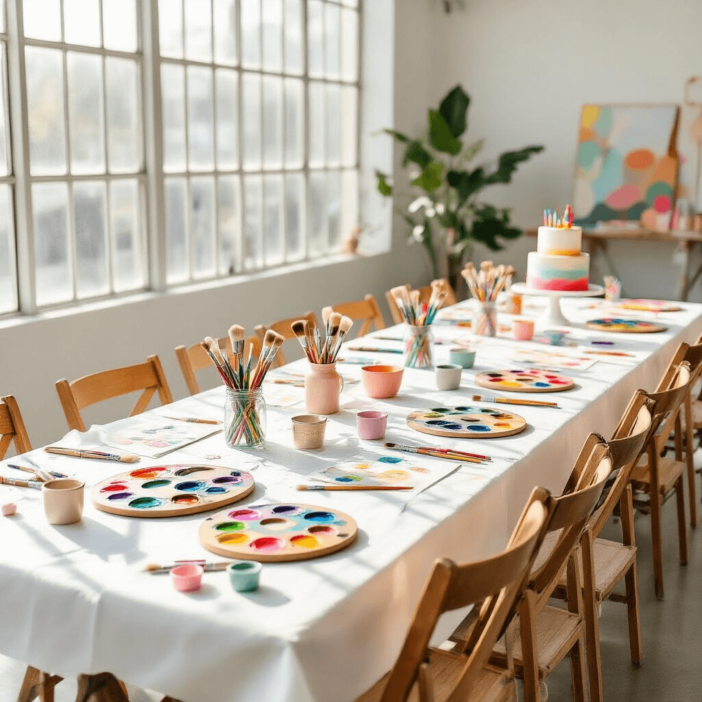 Overhead flat lay of an elegant creative art party setup in a bright studio, featuring long tables covered in white butcher paper, colorful paint palettes, rainbow-arranged supplies, and a birthday cake resembling an artist's palette amidst sunflowers and paint decorations.