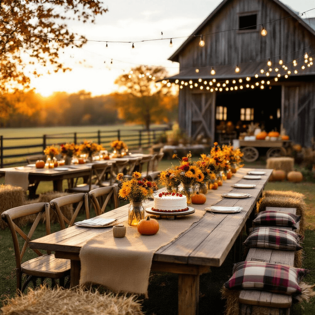 Golden hour at an outdoor farm birthday party featuring rustic barn architecture, long farmhouse tables with burlap runners and wildflower centerpieces, string lights overhead, hay bales with cushions, and a vintage cart displaying a rustic birthday cake amidst seasonal decorations.