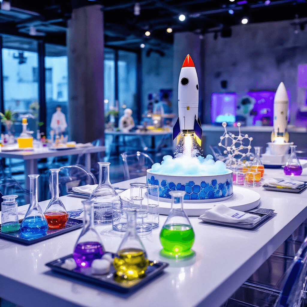 Close-up detail of a vibrant science museum birthday party setup with sleek white tables featuring colorful experiment stations, modern decor, a space-themed rocket ship cake, and personalized lab coat party favors, all illuminated by soft LED lighting in a contemporary venue.