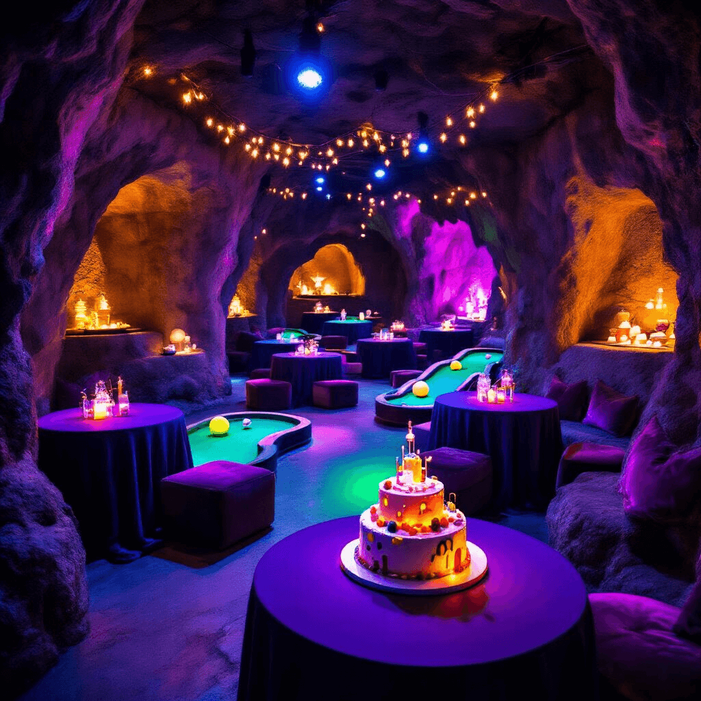 Moody candlelit indoor scene of a whimsical mini golf birthday party, featuring glow-in-the-dark courses, deep purple and midnight blue tables, LED centerpieces, a glowing cake designed as a golf course, fairy lights, and jewel-toned cushions.