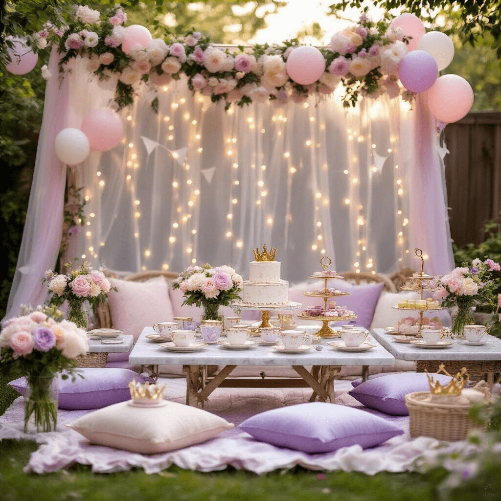 Cozy backyard tea party setup with lavender and cream cushions, marble dessert carts, delicate teacups, fresh peonies, fairy lights, pastel balloons, and crown-shaped party favors framed by a tulle backdrop.