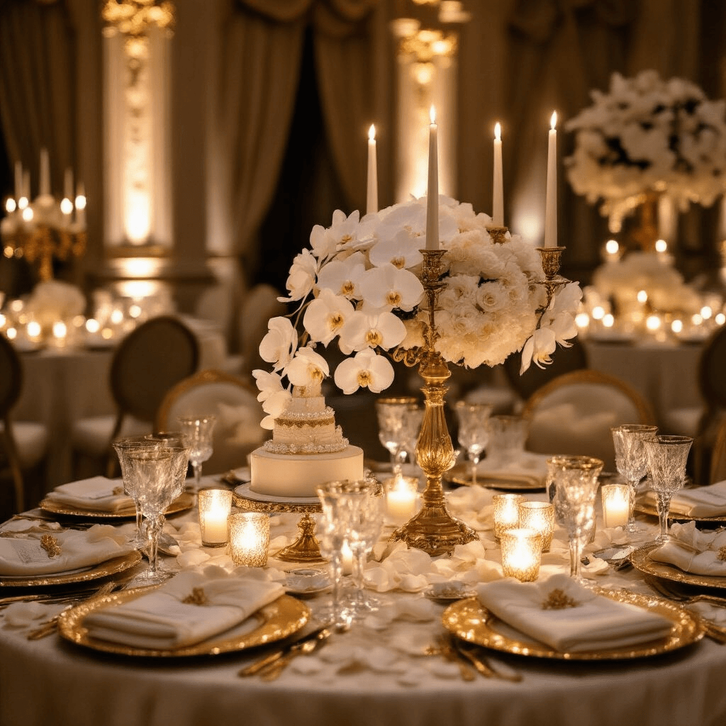 Close-up of an elegant ballroom corner with candlelit ambiance, featuring gold and ivory decor, intricate table settings with silk linens and crystal glassware, fresh white orchids, pearl-encrusted centerpieces, and moody lighting from pillar candles, creating a sophisticated princess-themed celebration.