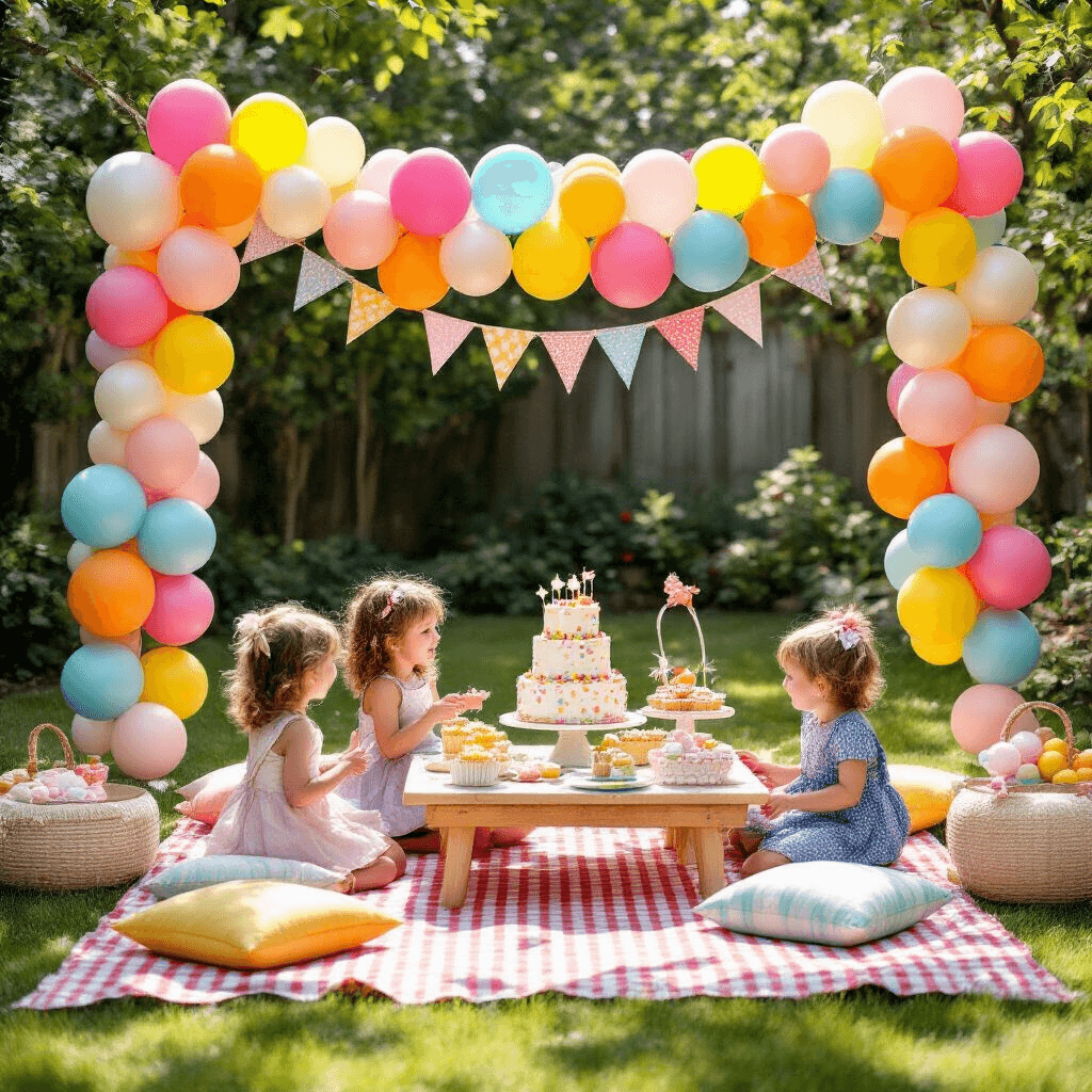 A bright backyard scene featuring a whimsical children's birthday party, with a colorful balloon garland framing a picnic area of gingham blankets and low tables. Oversized balloons sway in the breeze, while a dessert cart brims with treats, including a funfetti cake among pearl balloon bunches. Children joyfully interact with the playful decor, showcasing the vibrant colors against soft pearl accents in the sunny setting.