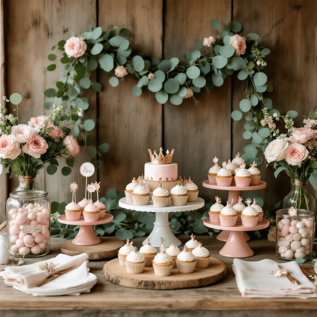 Styled princess party dessert table featuring crown-topped cupcakes, eucalyptus garlands, and terracotta and sage green accents against a rustic wood backdrop.