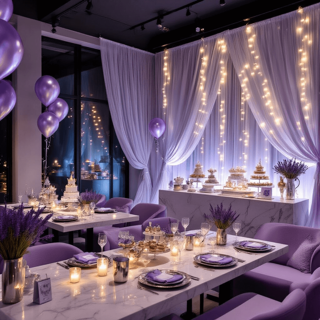 A beautifully arranged modern apartment for a princess celebration, featuring low dining tables with floor seating in lavender and silver, sheer drapery, string lights, dessert displays on marble countertops, fresh lavender, crystal votives, and elegant balloon installations, all creating a magical and sophisticated atmosphere.