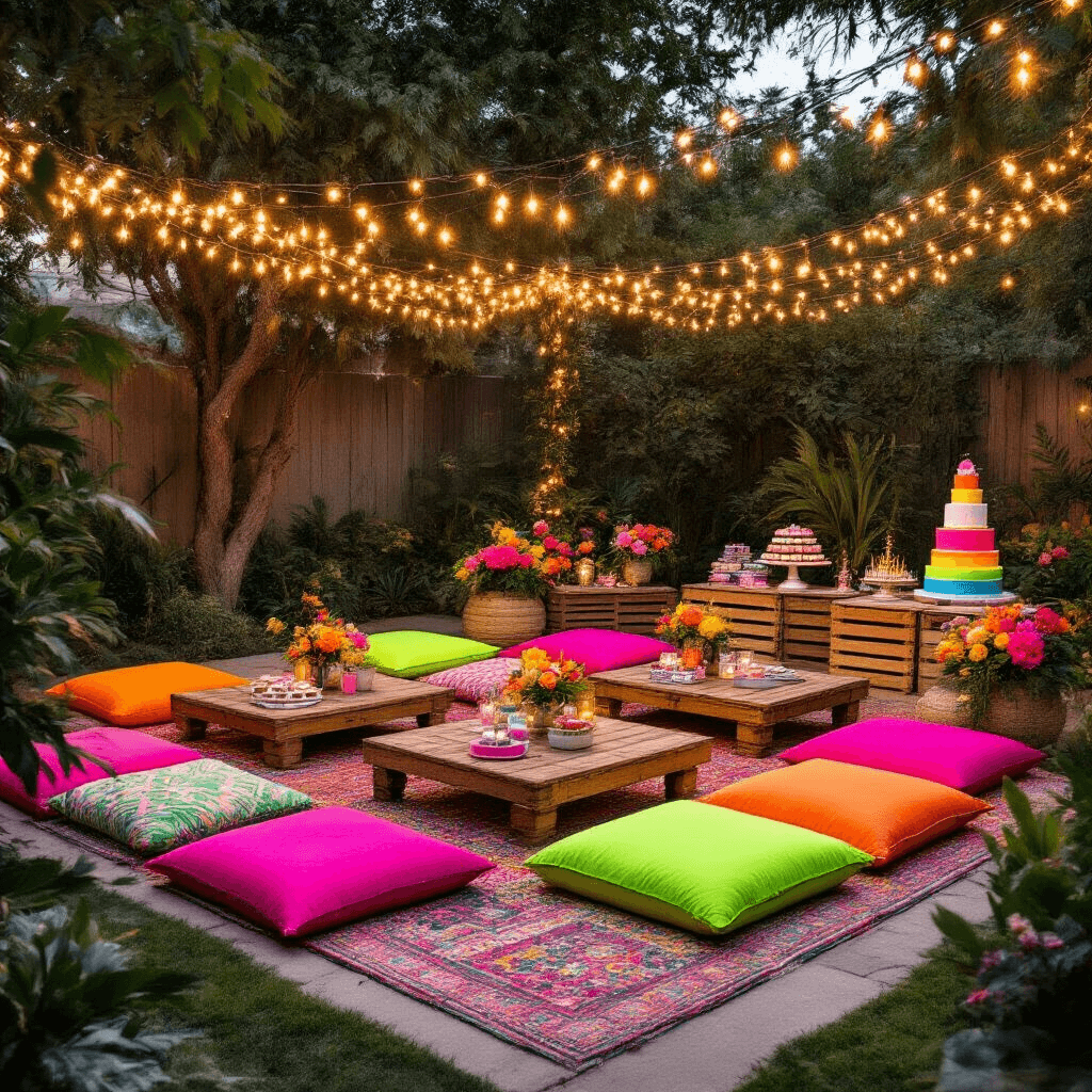 Overhead flat lay of a stylish backyard setup featuring low wooden tables with vibrant neon linens, plush Moroccan-style cushions, fairy lights overhead, DIY photo booth props, tropical florals, and colorful desserts including macarons and a rainbow layer cake, all bathed in soft evening light.