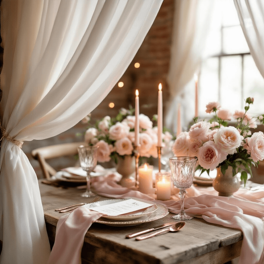 Close-up of an intimate dining nook bathed in soft morning light, featuring a blush pink and cream color palette, rustic wood table with silk table runners, vintage china and rose gold cutlery, clusters of pillar candles, and overflowing peonies and garden roses in mercury glass vessels, complemented by personalized menu cards and string lights against exposed brick walls.