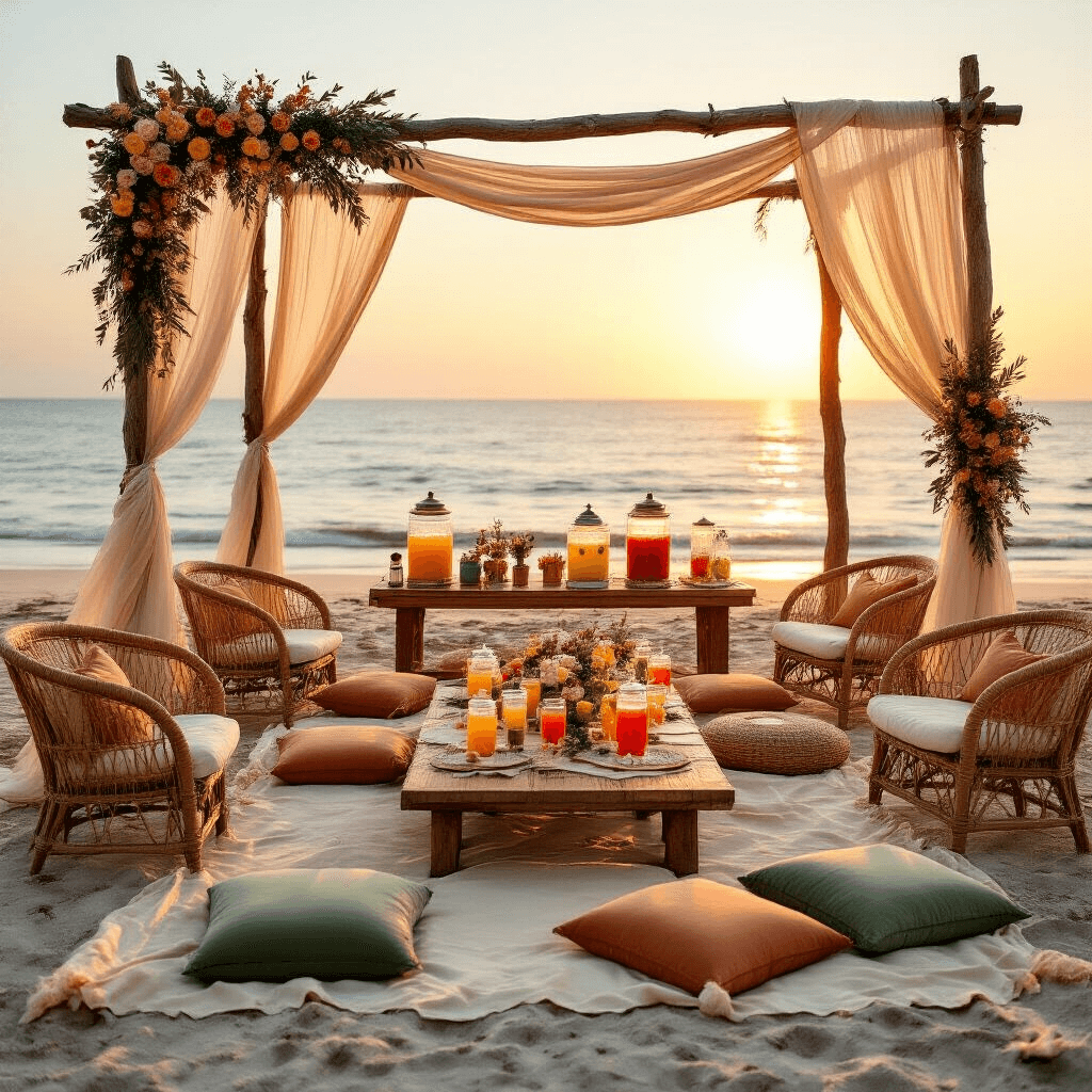 Cinematic wide shot of a beachfront celebration at golden hour, featuring low picnic-style tables with cream and terracotta linens, rattan chairs, and sage green velvet cushions, framed by driftwood arches adorned with fabric and coastal florals, warm lantern lighting, and a mocktail station against a stunning ocean backdrop.