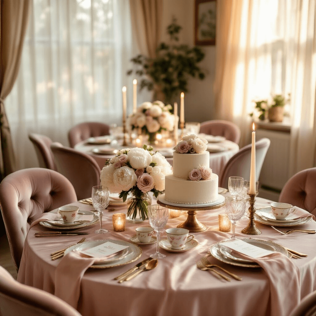 How to Throw the Ultimate Surprise Birthday Party: A Complete Guide to Stunning Celebrations A photorealistic wide-angle view of a cozy living room surprise party setup at golden hour, featuring blush pink silk table linens, vintage brass centerpieces with peonies and garden roses, flickering candles, velvet dining chairs, personalized place cards, and a three-tier vanilla cake with buttercream florals.