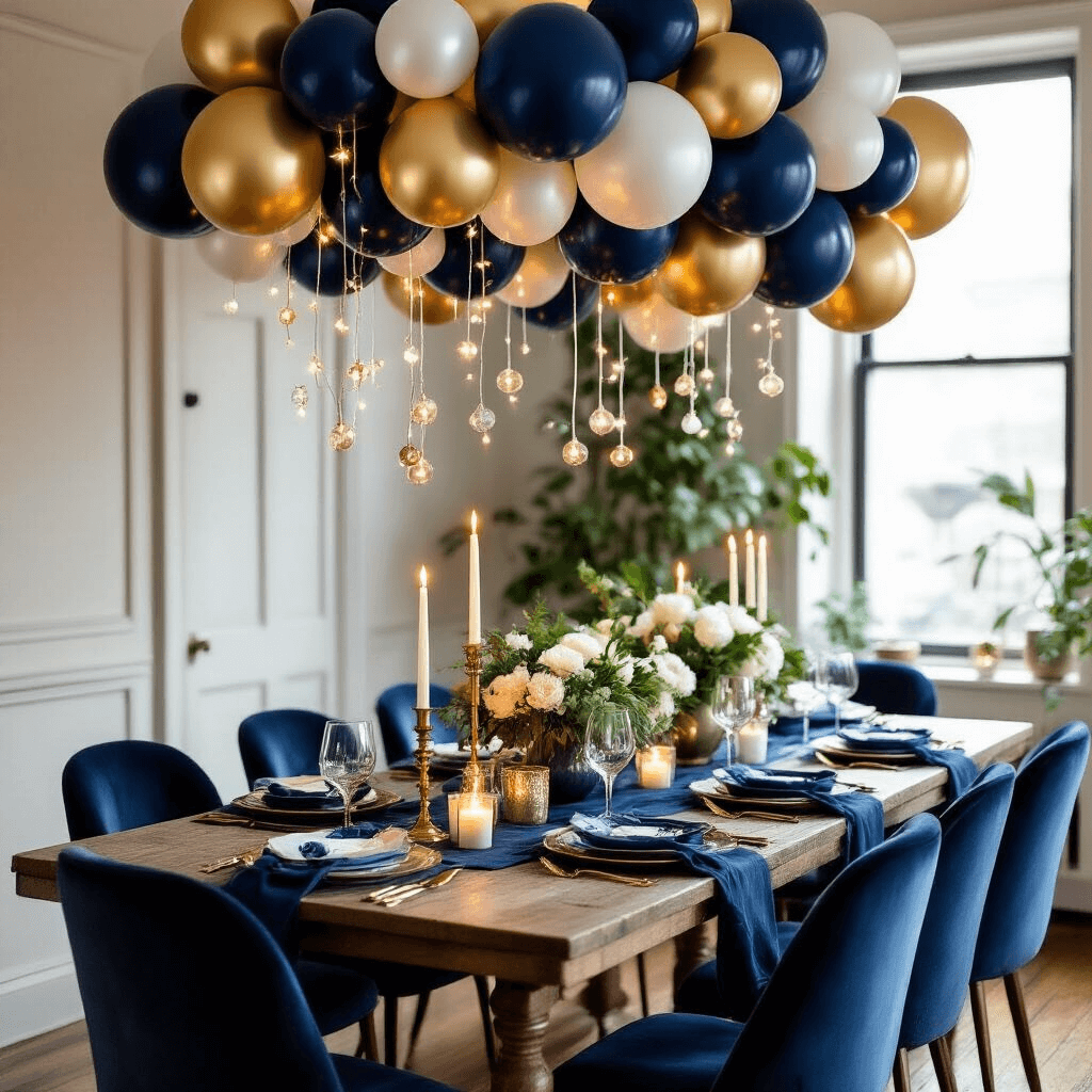 An intimate dinner party scene featuring a long farmhouse table set with indigo linens, vintage china, and brass candleholders, surrounded by deep blue velvet chairs. A floating canopy of navy, gold, and white pearl balloons intertwined with fairy lights decorates the space, while lush greenery and white florals add to the decor. Candlelight casts a warm glow, enhancing the cozy atmosphere.