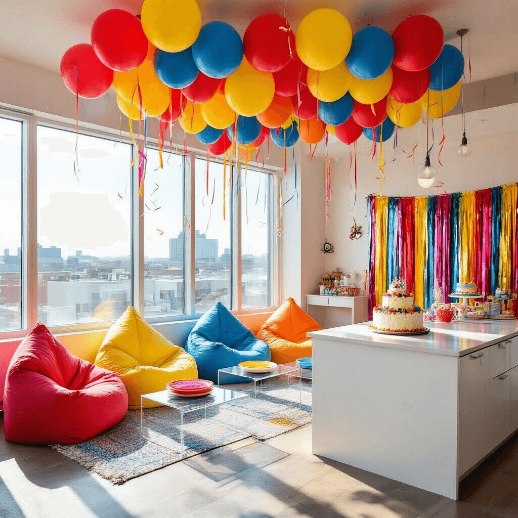 How to Throw the Ultimate Surprise Birthday Party: A Complete Guide to Stunning Celebrations A vibrant apartment surprise party featuring bright balloons, bean bag chairs, and a colorful birthday cake, all illuminated by natural sunlight.