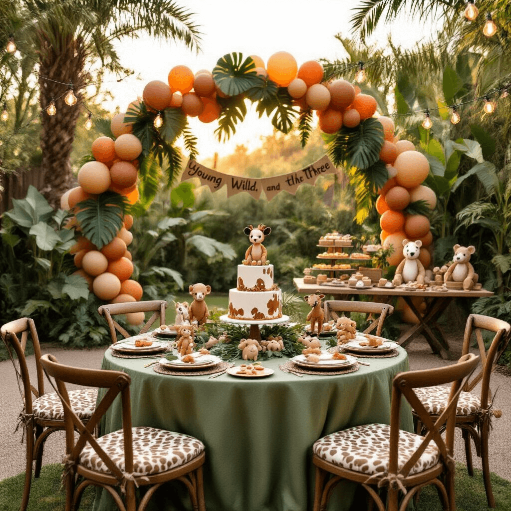 Wide-angle view of a whimsical outdoor safari-themed birthday party in a stylish backyard at golden hour, featuring round tables with earthy silk linens, plush animal centerpieces, and balloon garlands. A dessert table showcases a three-tiered safari cake amidst lush artificial palm fronds and playful safari character cutouts, all illuminated by soft sunlight and string lights.