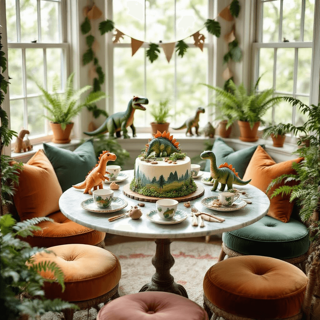 Overhead view of a cozy dinosaur-themed tea party setup featuring a low round table surrounded by colorful velvet cushions, a decorated dinosaur cake, fossil-themed place settings, tissue paper garlands, and fresh ferns, all illuminated by soft morning light.