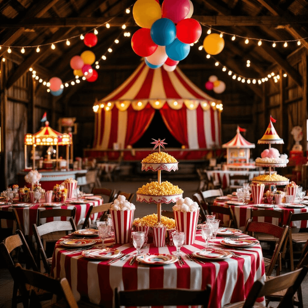 Cinematic view of a vibrant circus-themed celebration in a rustic barn, showcasing red and white striped table linens, carnival game stations, and dramatic tent backdrops, illuminated by string lights. Features vintage carts with popcorn and cotton candy, colorful balloon clusters, and whimsical centerpieces, capturing the festive, playful atmosphere.