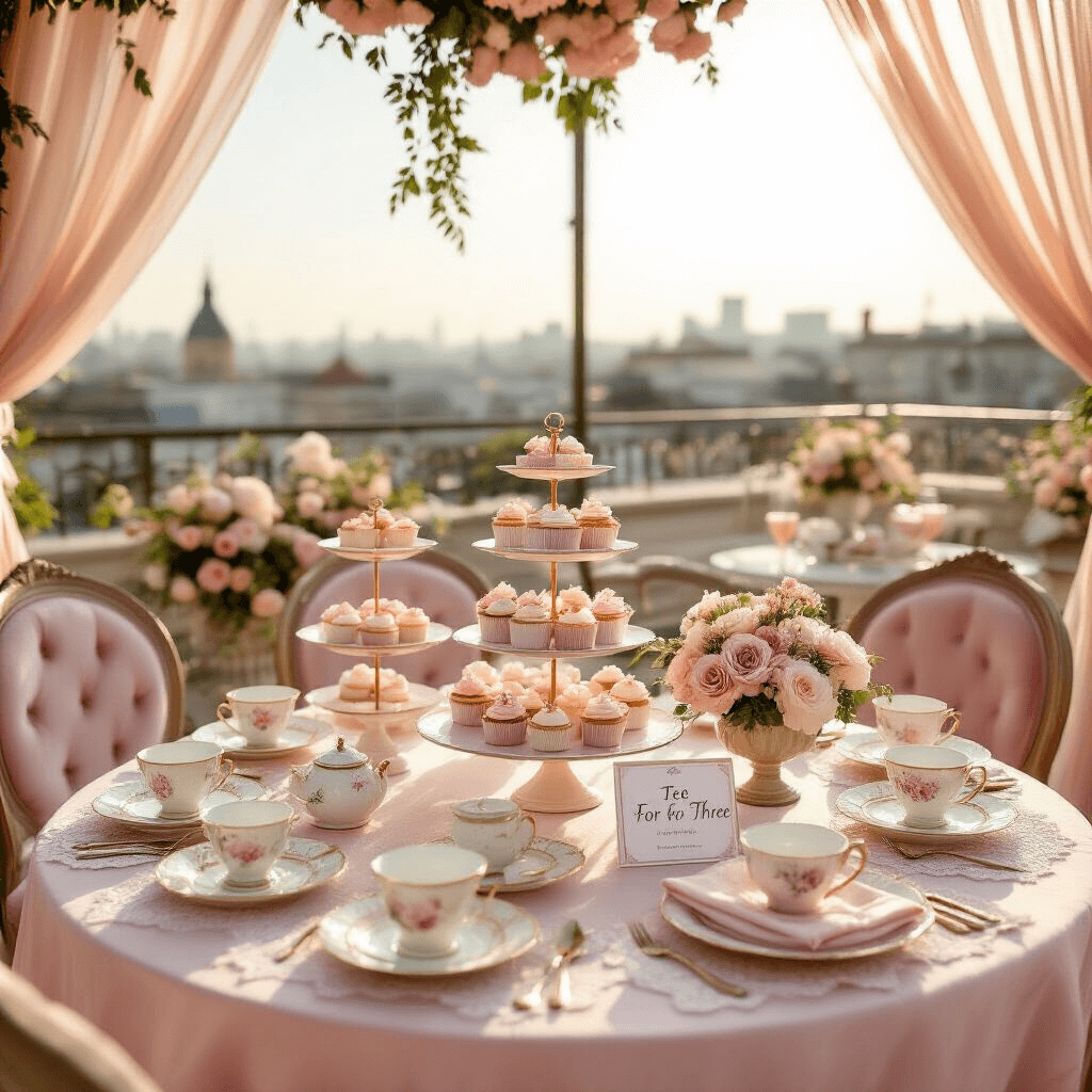 Elegant tea party setup on a sunlit rooftop terrace, featuring blush and cream silk tables with pastel cupcakes, floral centerpieces, vintage teacups, and personalized menu cards, framed by sheer drapery and soft pastels, with a dedicated photo booth area and luxurious textures.