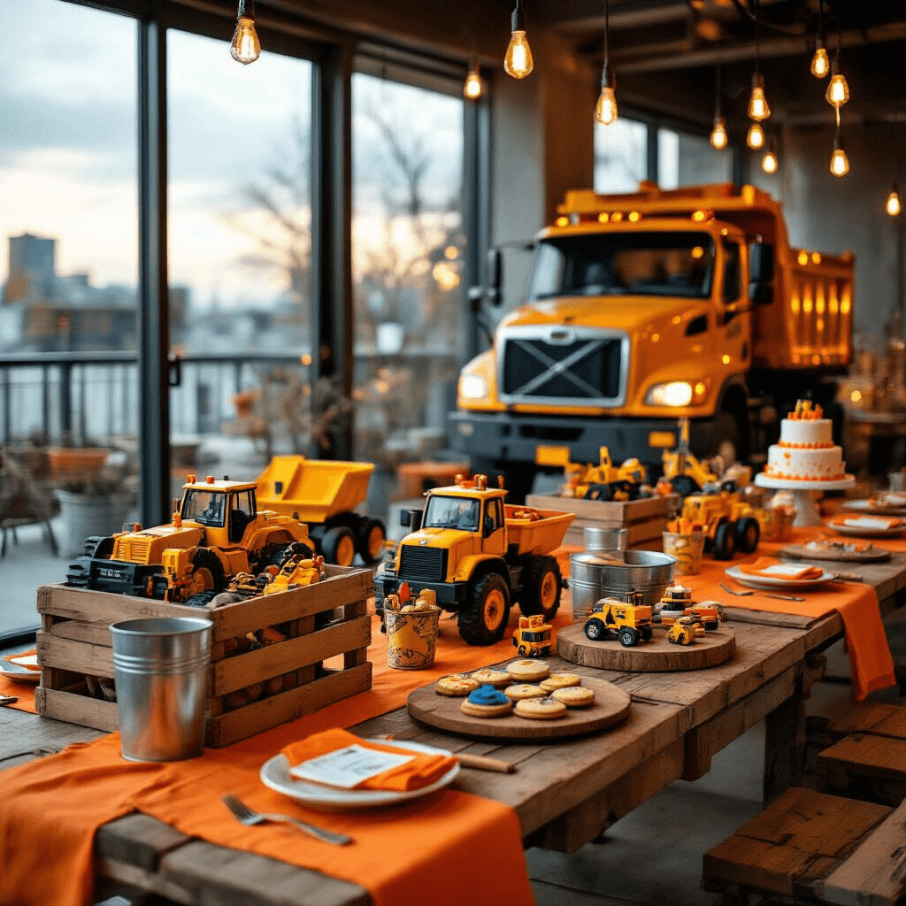 Moody wide-angle shot of a construction truck-themed party in a modern apartment, featuring industrial decor with wooden crates and metal buckets filled with toy trucks, arranged on low tables with orange and yellow linens. The scene is warmly lit with Edison bulb strings, showcasing DIY construction zone signage, personalized hard hat favors, a construction-themed cake, and tool-shaped cookies on rustic wood serving boards.