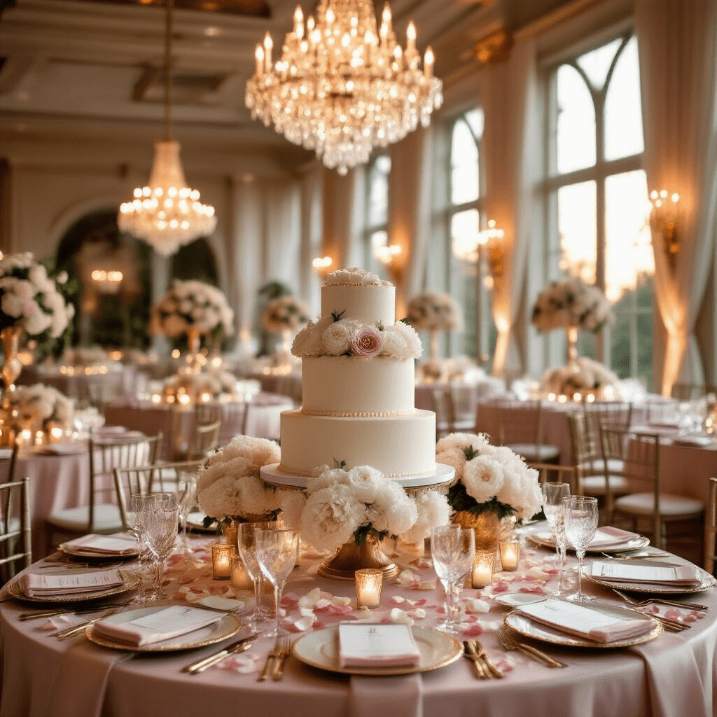 Elegant indoor ballroom adorned for a birthday celebration, featuring blush pink silk table linens, crystal chandeliers, floral centerpieces, fine china, and a stunning three-tier cake, all illuminated by warm golden hour light.