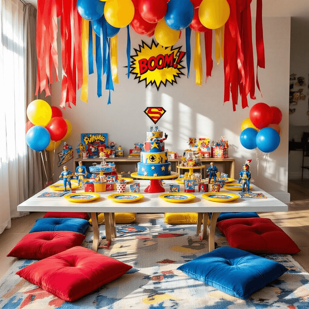 A vibrant overhead flat lay of a whimsical children's superhero birthday party setup featuring bold primary colors, superhero-themed tableware on yellow plates, comic book centerpieces, metallic balloons around a custom cake, DIY cape favors on clotheslines, pow and boom wall decals, and red velvet floor cushions.
