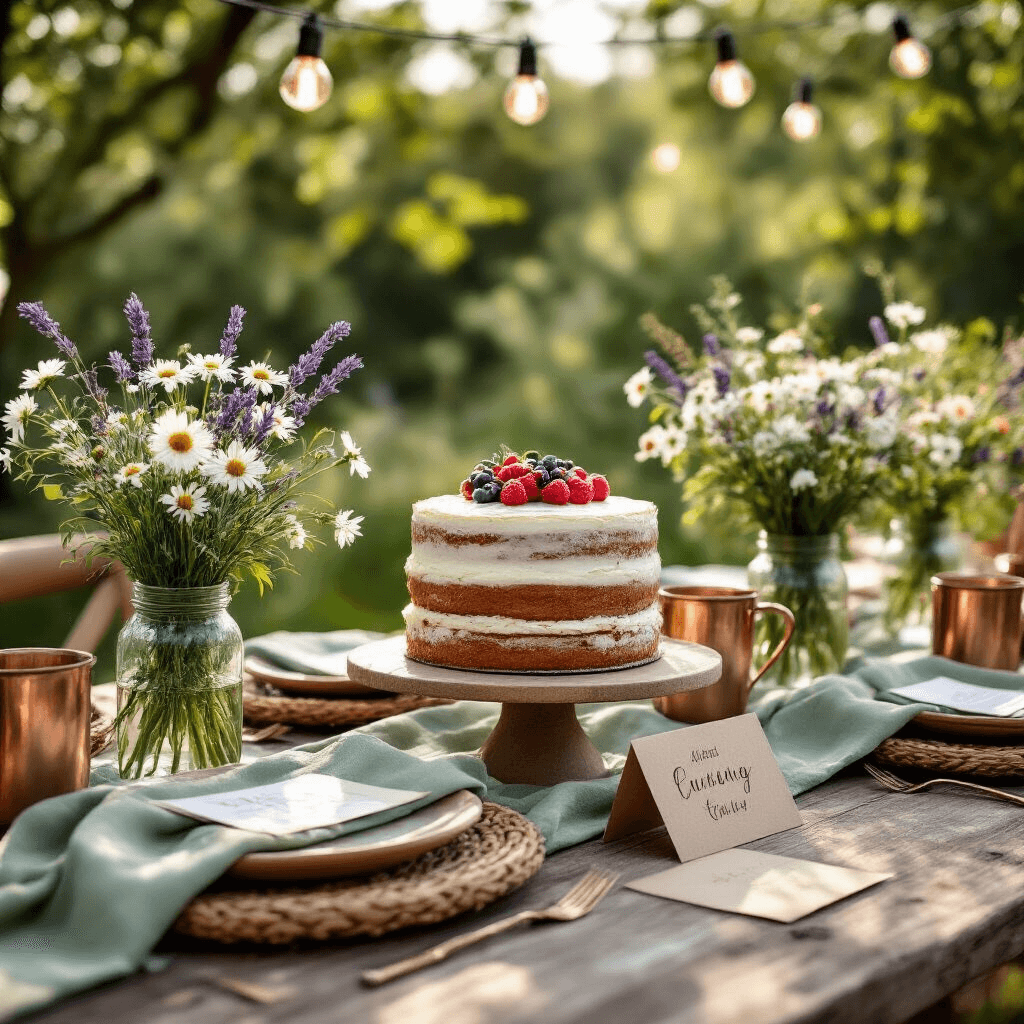 Close-up image of a rustic garden party table set with sage green linen runners, terracotta dishware, and wildflower centerpieces in mason jars, featuring a naked layer cake on a vintage wooden stand, all illuminated by soft morning light.